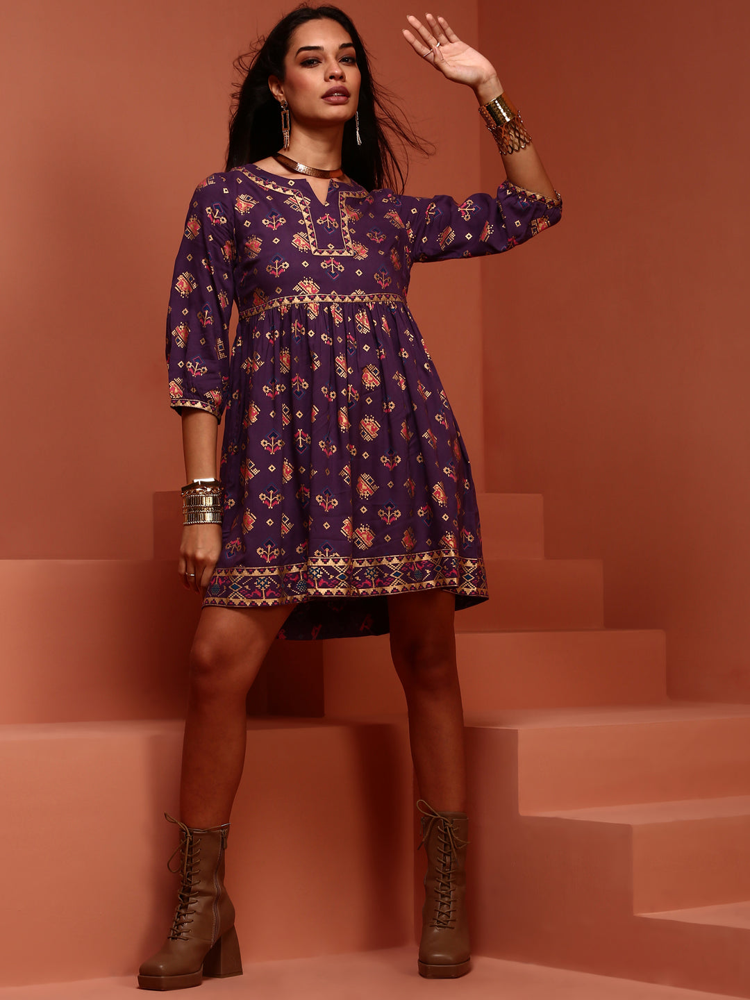 Flared Printed Tunic Top in Violet