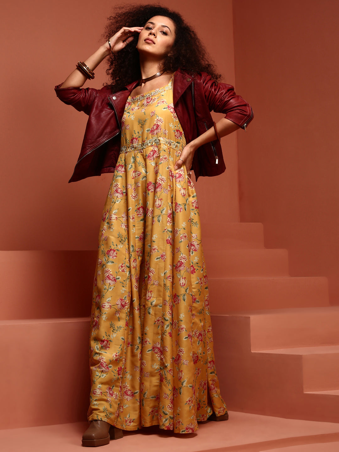 Yellow Printed Muslin Kalidar Dress