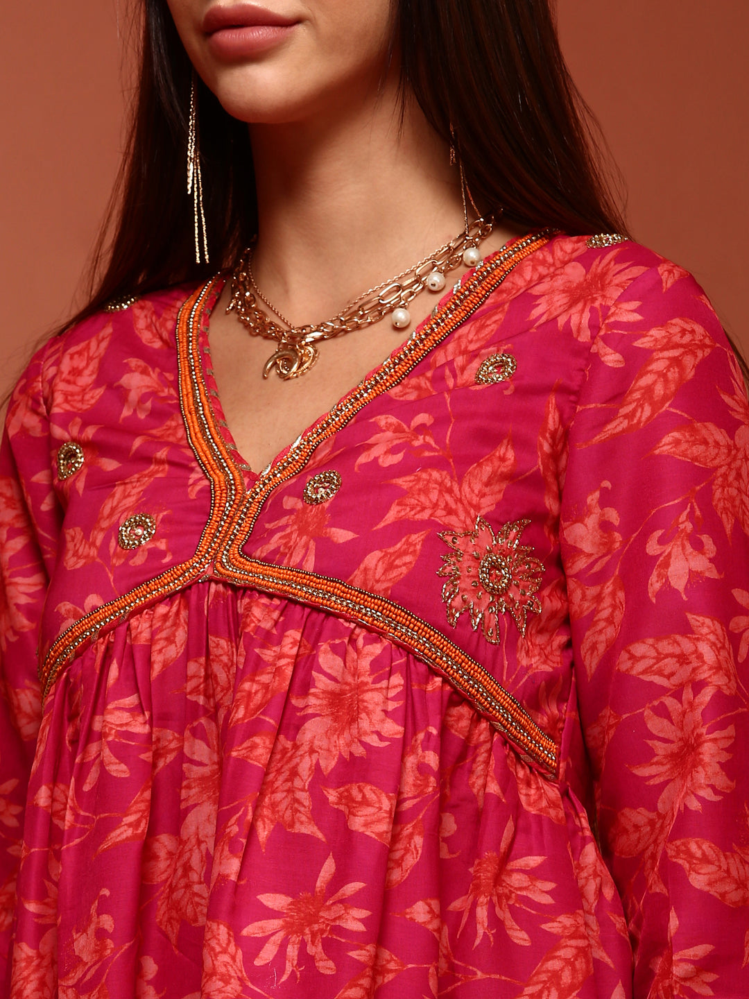 Pink Floral Printed Gathered Kurta Set