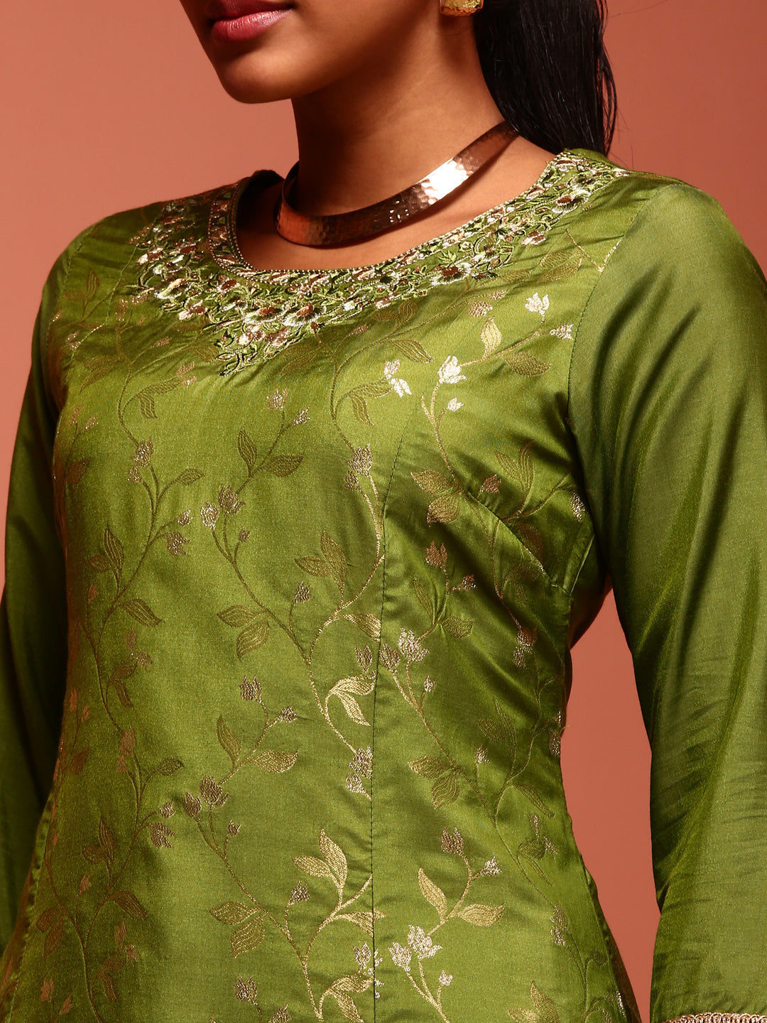 Green Jaquard A-Line Chanderi Kurta Set