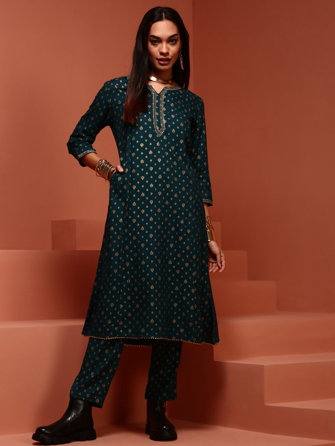 Teal Printed Rayon Kurta Set