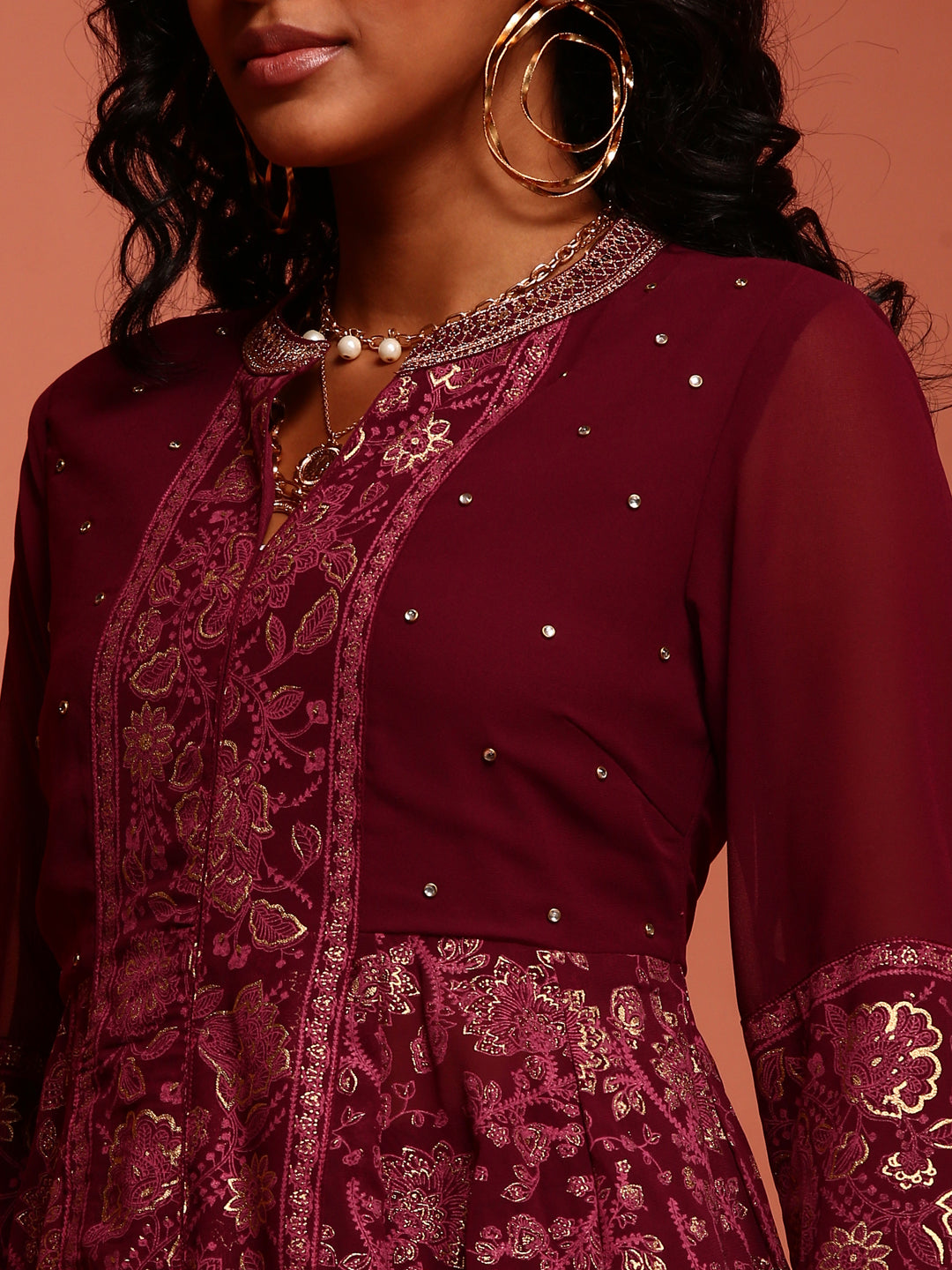 Maroon Printed Shantoon Gathered Kurta Set