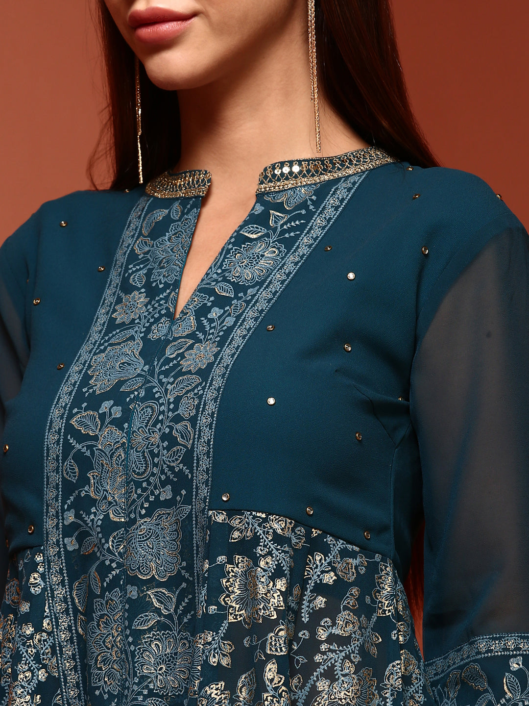 Teal Brocade Gathered Kurta Set