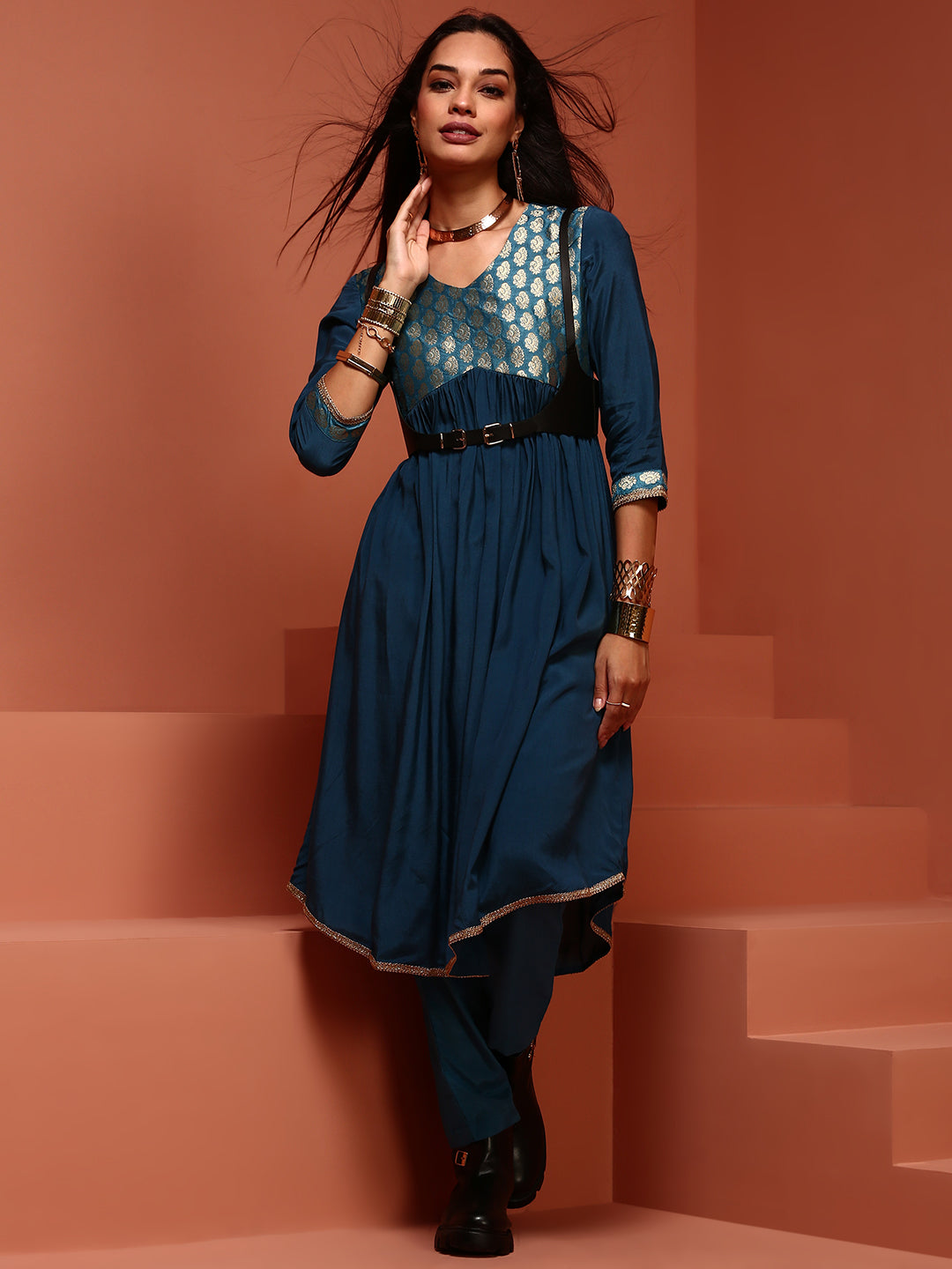 Teal Shantoon Gathered Kurta