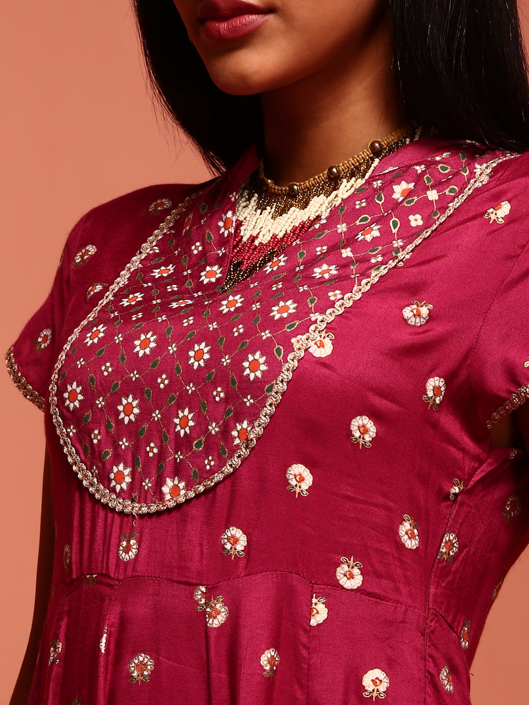 Wine Printed Dress With Net Dupatta