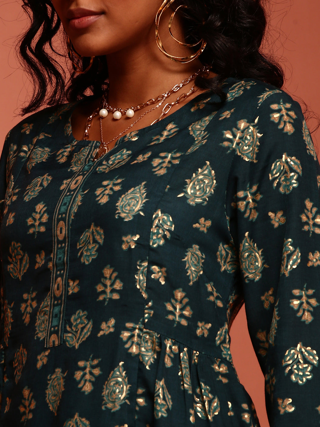 Teal Printed Muslin A-line Kurta Set