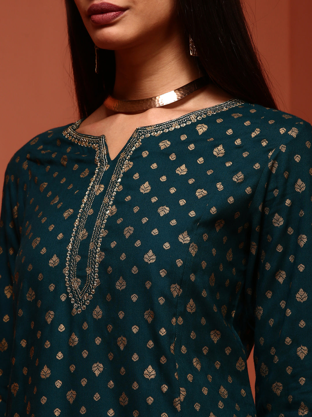 Teal Printed Rayon Kurta Set