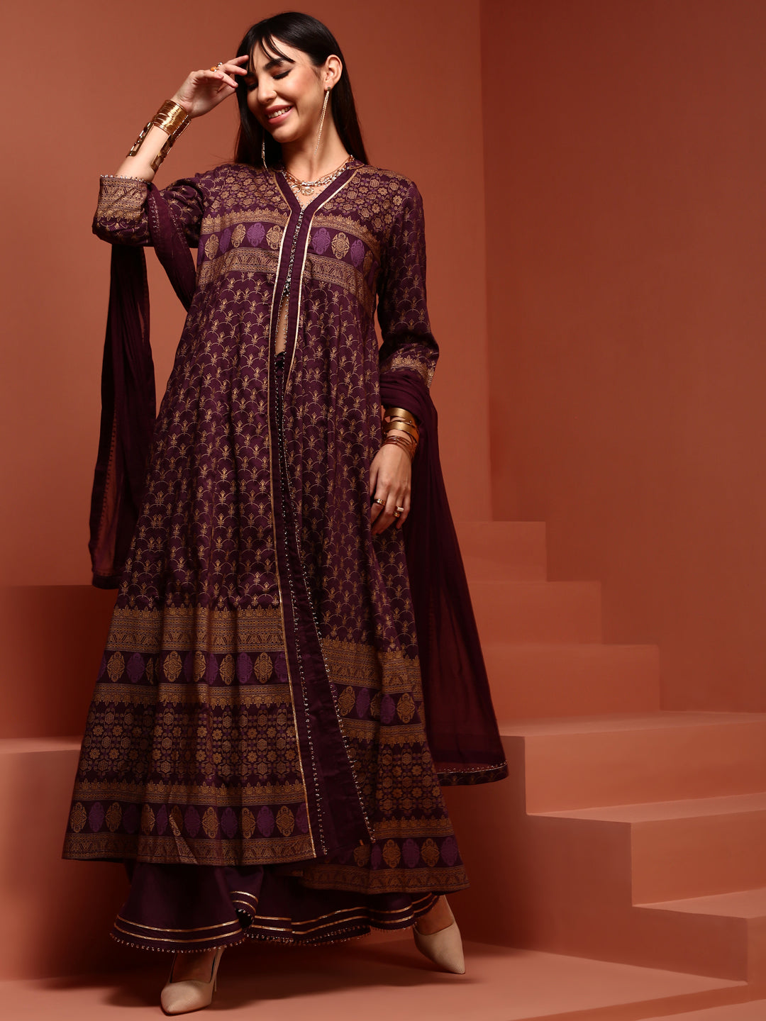 Kalidar Purple Printed Kurta Set