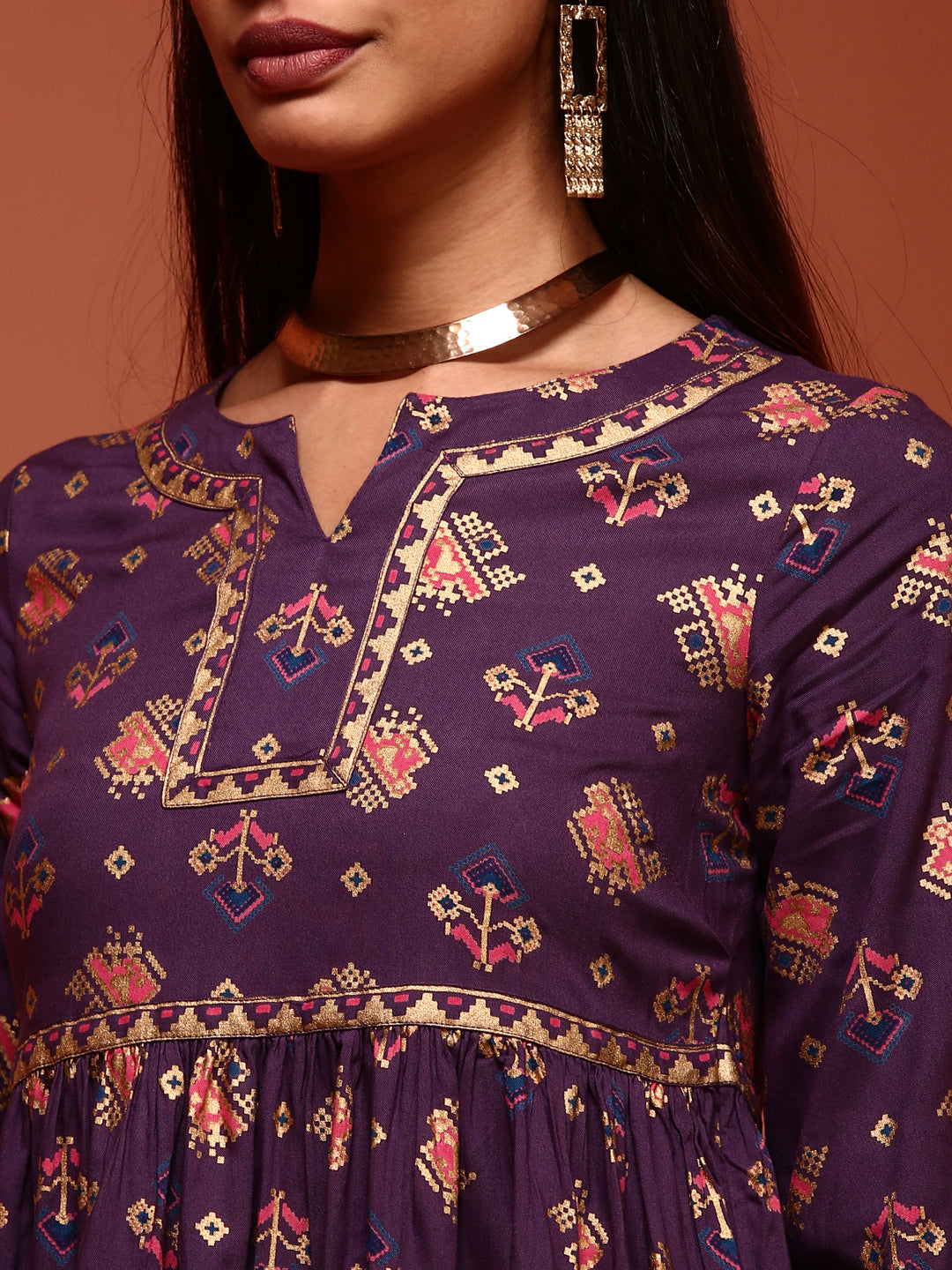 Flared Printed Tunic Top in Violet