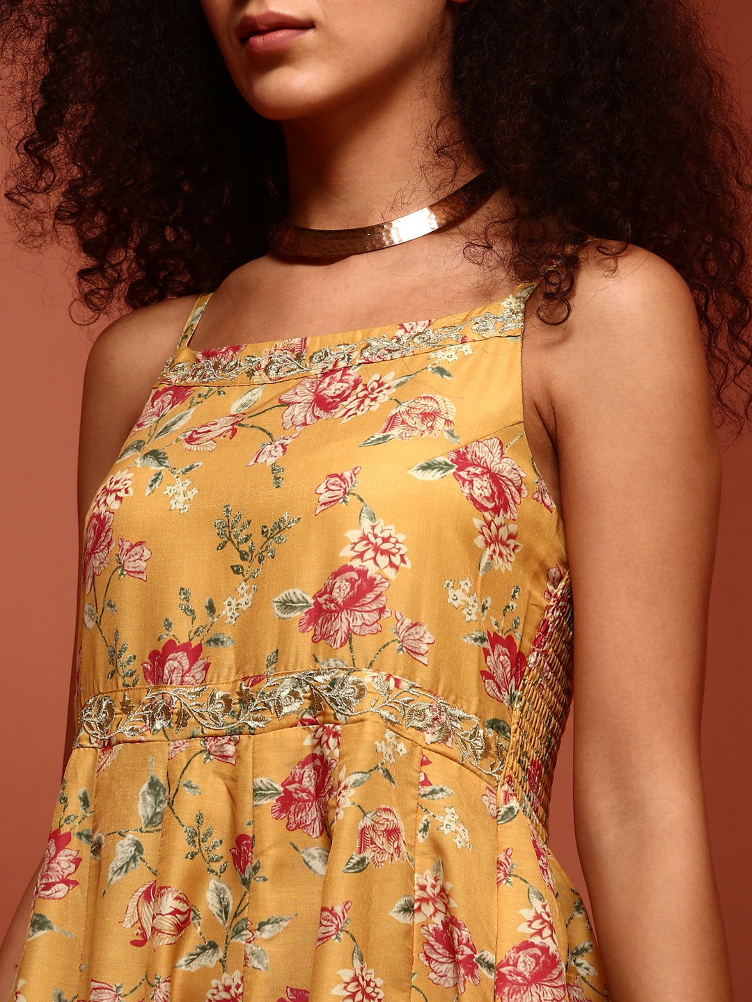 Yellow Printed Muslin Kalidar Dress