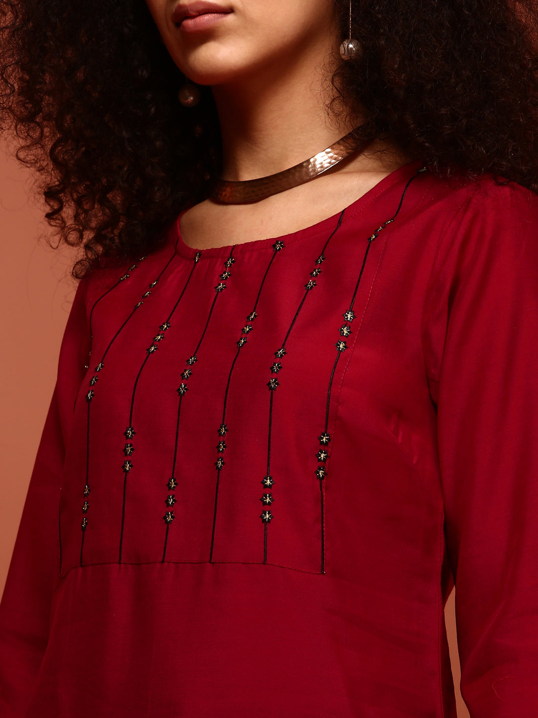 Radiant Red Embroidered Cotton Blend Kurta Set