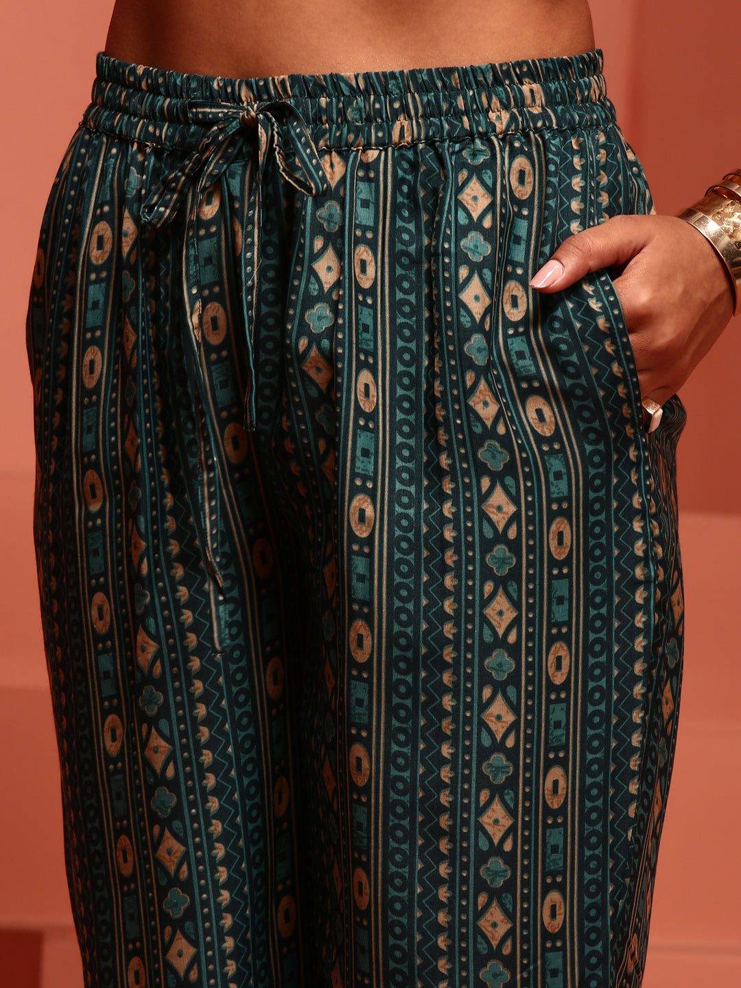 Teal Printed Muslin A-line Kurta Set